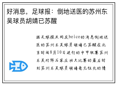 好消息，足球报：倒地送医的苏州东吴球员胡靖已苏醒